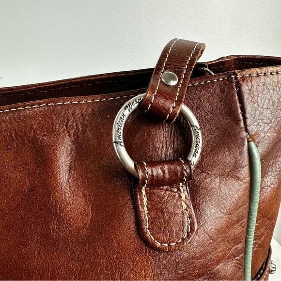 American West Desert Flower Zip Top Tote Tan Brown And Turquoise - Picture 5 of 7